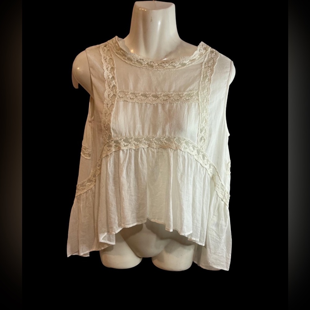 Mes Demoiselles Cream Lace-Trim Sleeveless Blouse